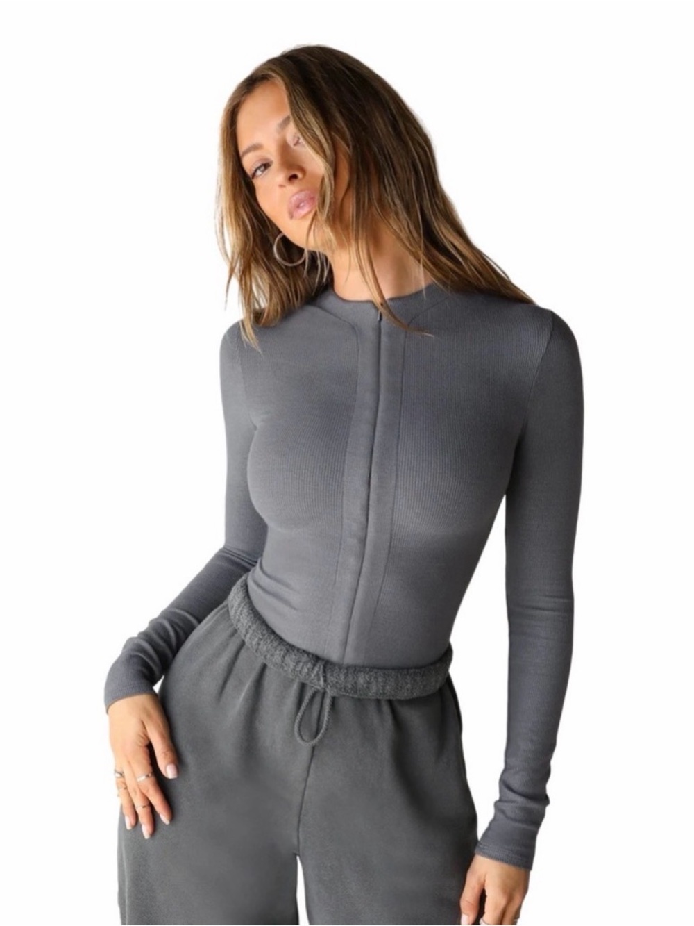 Joah Brown Long Sleeve Invisible Zipper Crewneck Ribbed Top Smoke Gray XS/S $128
